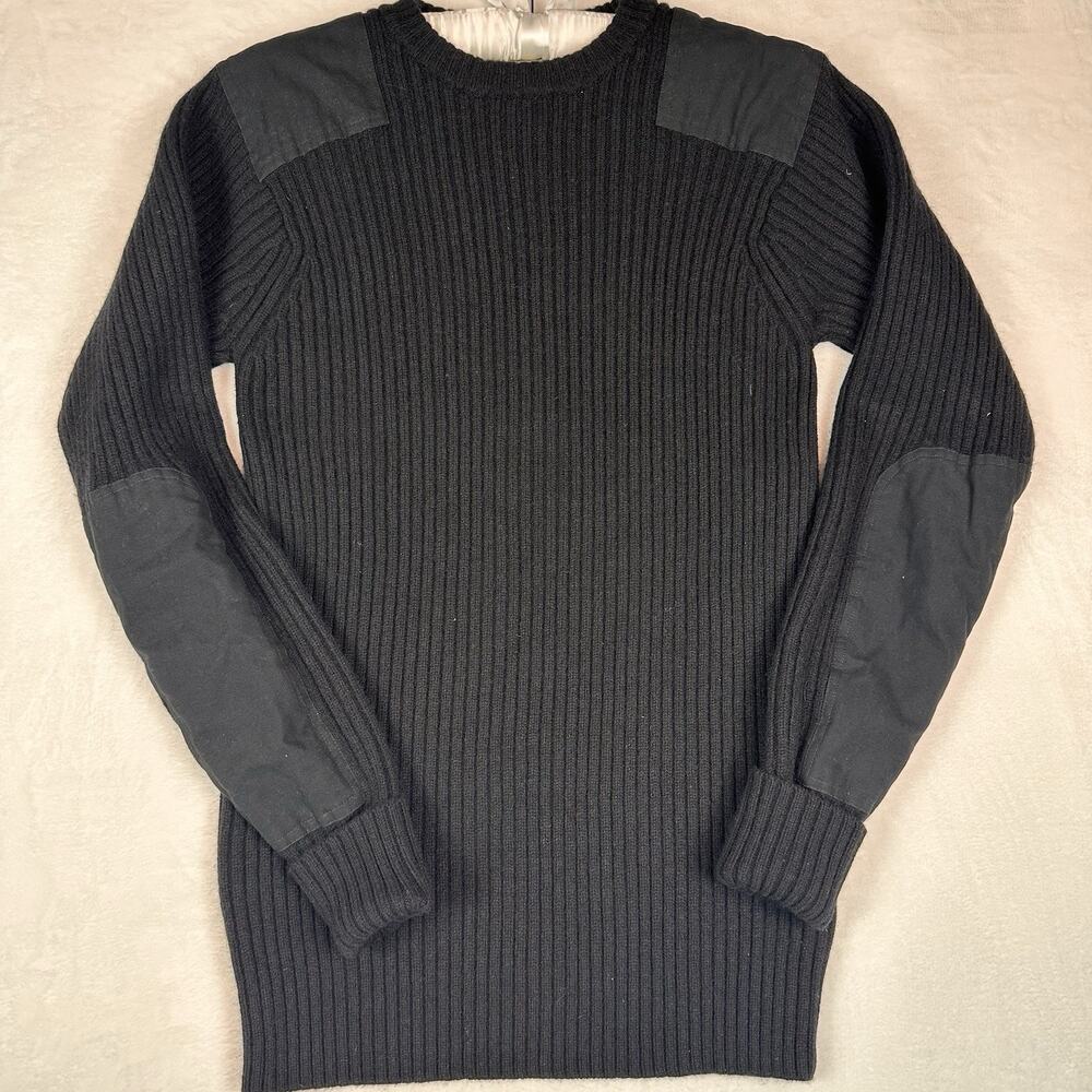 Vintage LL Bean Commando Sweater Mens LT Black Merino Lambs Wool Elbow Patches